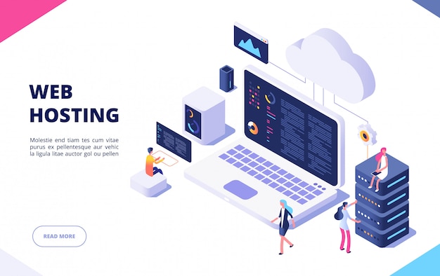 Vector web hosting concept. cloud computing online database technology security computer web data center server isometric landing  page