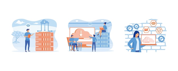 Vector web hosting concept concept of cloud computing online database technology concept online database technology security computer web data center server set flat vector modern illustration