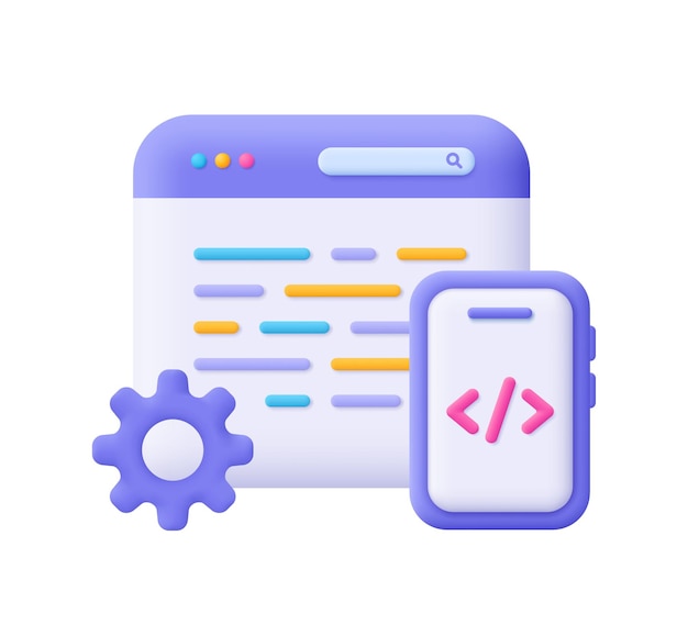 Vector web page and smartphone with code symbol and gear cogwheel web development software engineering setting and tools programming and coding concept 3d vector icon cartoon minimal style