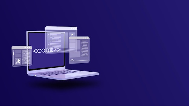 Vector web programming and development, code testing with laptop displaying holographic ui