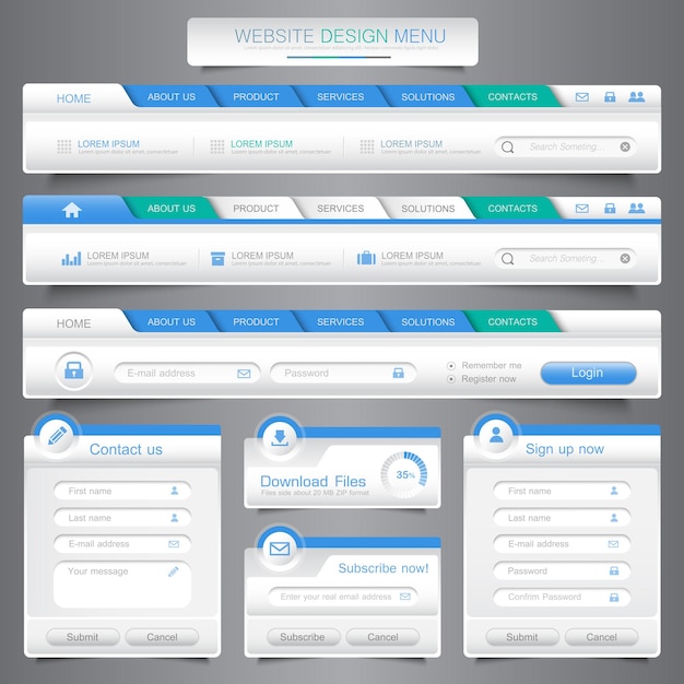Vector web site design menu navigation elements with icons set navigation menu bars vector design