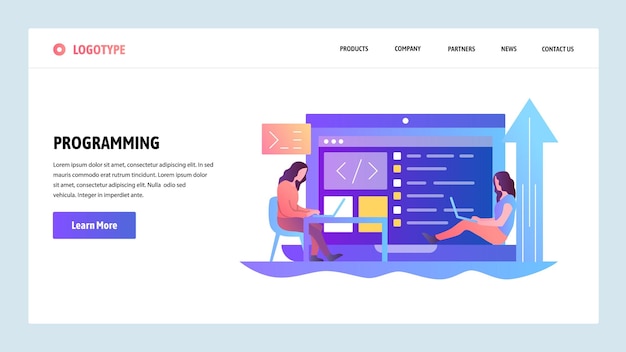 Vector web site onboarding screens programmers coding software application menu vector banner template for website and mobile app development modern design linear art flat illustration