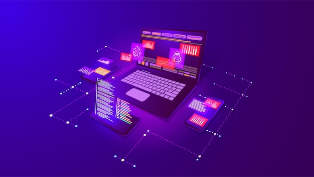 Vector web software digital website application mobile technology tool platform computer program data devices connection business development laptop and smartphones vector concept banner
