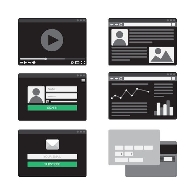 Vector web template for site forms of email subscribe, login to account, watching video