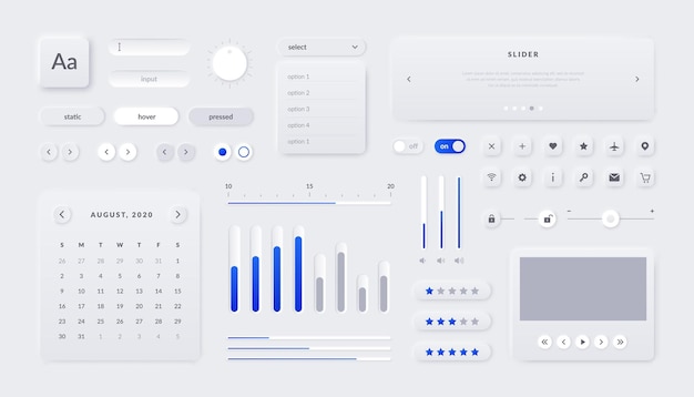 Vector web ui kit. mobile application and web page interface elements with buttons field sliders and calendar. vector illustration responsive ux graphics design template for site navigate