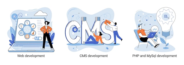 Vector website architecture concepts metaphor web development php and mysql cms interface design software testing creation digital software mobile desktop platforms digital content management system