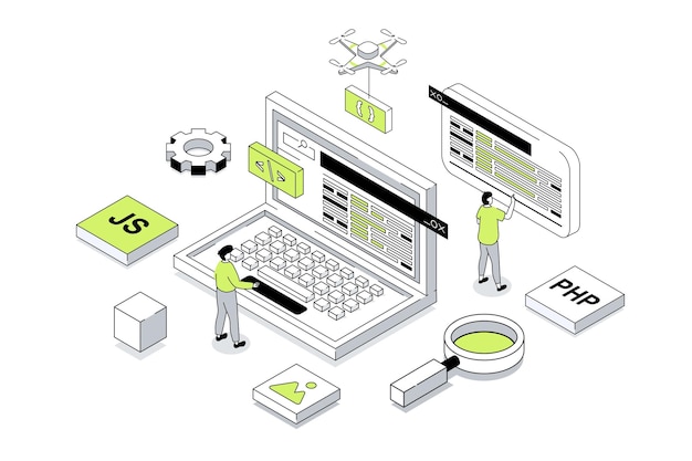 Vector website creating concept in 3d isometric design developers prototyping and coding designing page layout and homepage user interface vector illustration with isometry people scene for web graphic