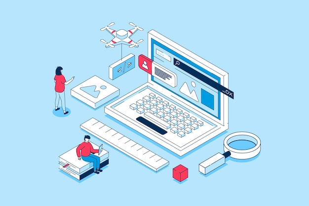 Vector website creating concept in 3d isometric design people creating ui ux interface and homepages work with code prototyping and testing scripts vector illustration with isometry scene for web graphic