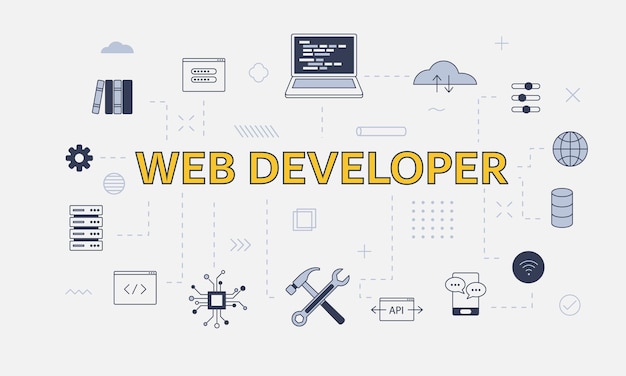 Vector website development concept with icon set with big word or text on center