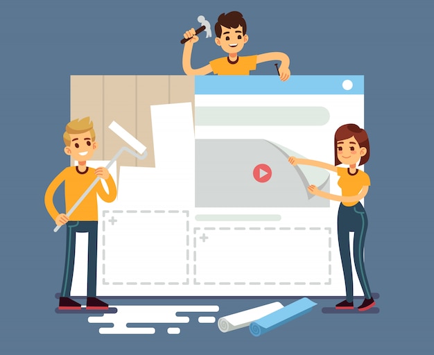 Vector website development with developers creating content. web construction vector concept