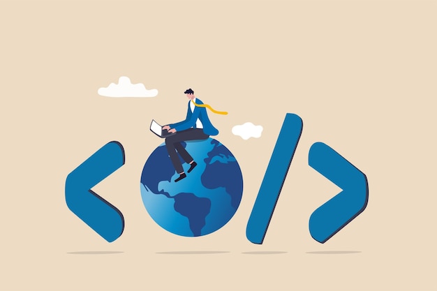 Vector website development, www application coding, technology create online cyberspace software connect through the internet concept, software engineer coding on laptop sitting on globe with coding symbol.