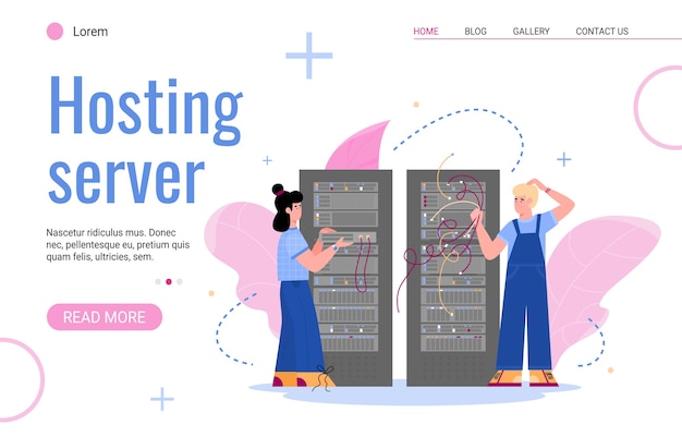 Vector website interface template for hosting server with characters of it staff working in data center server, flat . internet service for data storage.