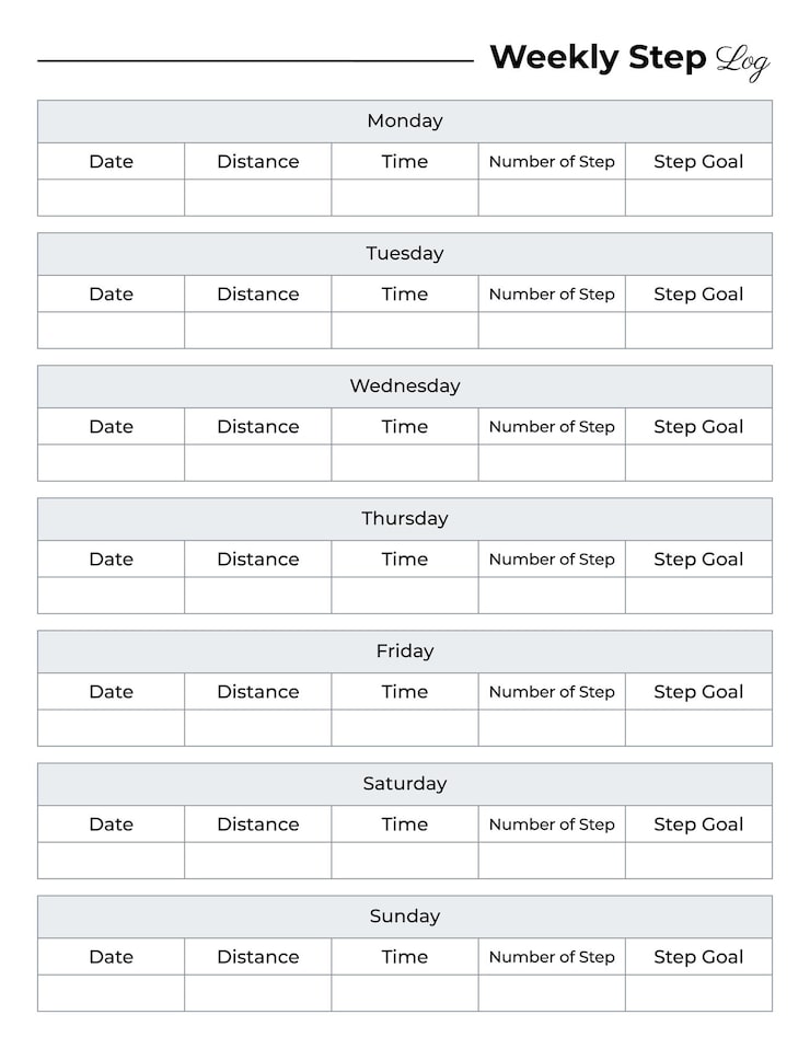 Vector weekly step log, weekly walking log