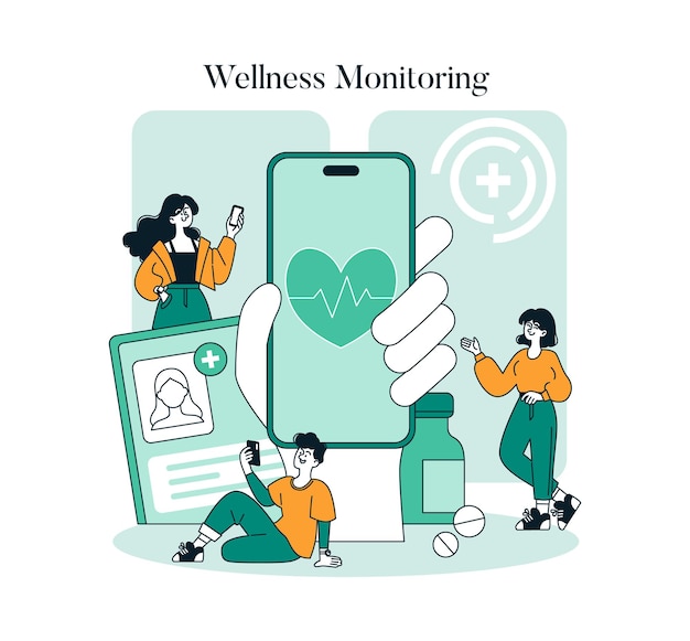 Vector wellness monitoring concept people engage with health apps for fitness tracking medication reminders