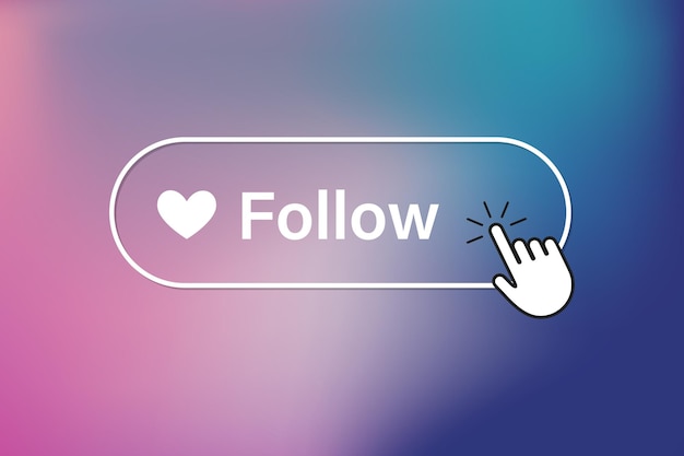 Vector a white button with the text follow us a heart and a cursor on a colored gradient background