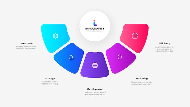 Vector white circle with colorful rounded elements abstract flowchart infographic with 5 options