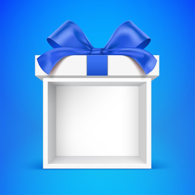 white gift box on the blue background, with empty space for object placement.