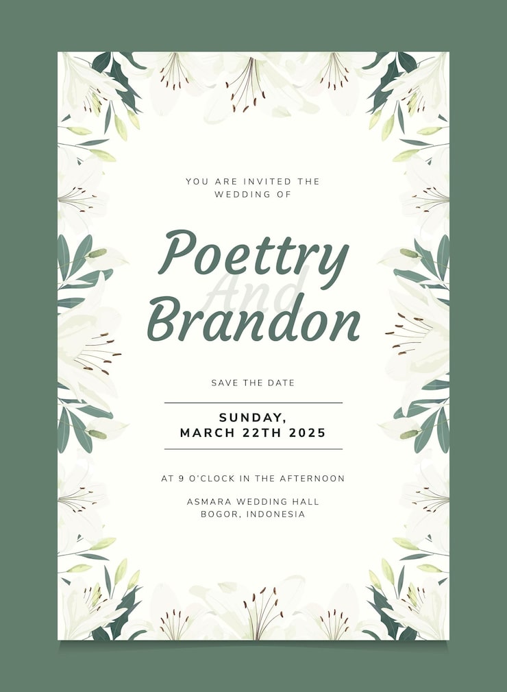 Vector white lily flower wedding invitation template