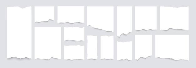 Vector white torn paper sheets set realistic pieces of ripped white pages