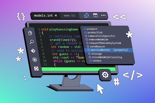 Vector window for developing computer programs displayed on computer programming and coding concept