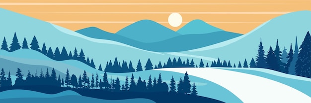 Vector winter landscape abstract winter background winter view with trees mountains fields pine trees