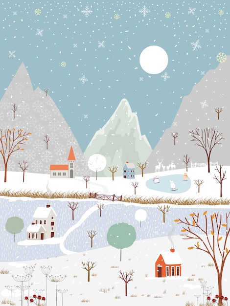 Vector winter landscape at countryside 