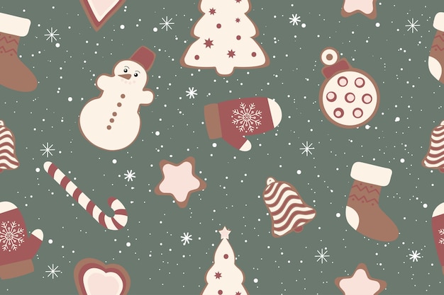 Vector winter seamless pattern with christmas figures gingerbread cookies christmas trendy repeating