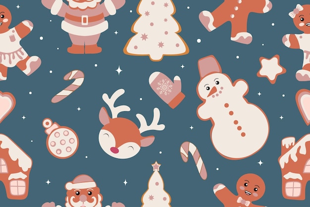 Vector winter seamless pattern with christmas figures gingerbread cookies stunning holiday background christmas repeat texture for surface design wallpaper fabric wrapping paper etc