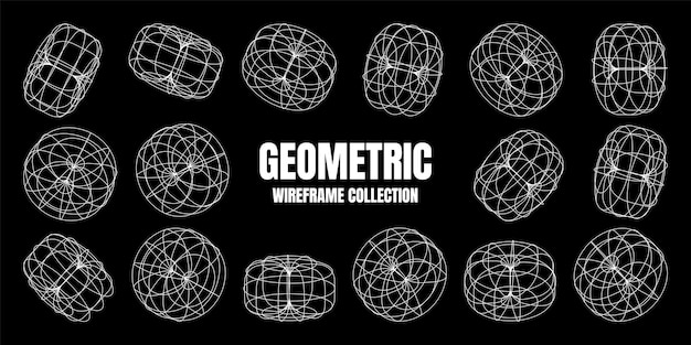 Vector wireframe lined shapes perspective mesh d grid low poly geometric elements retro futuristic design