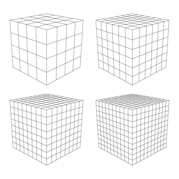 Vector wireframe mesh cube in differenr resolution connection structure digital data visualization concept ...
