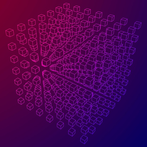 Vector wireframe mesh cube make with many small cubes connection structure digital data visualization