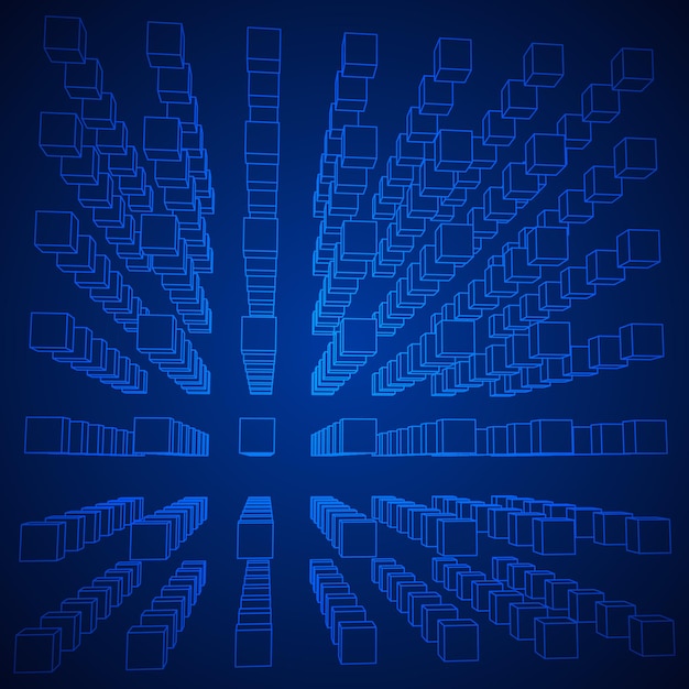 Vector wireframe mesh cube make with many small cubes connection structure digital data visualization