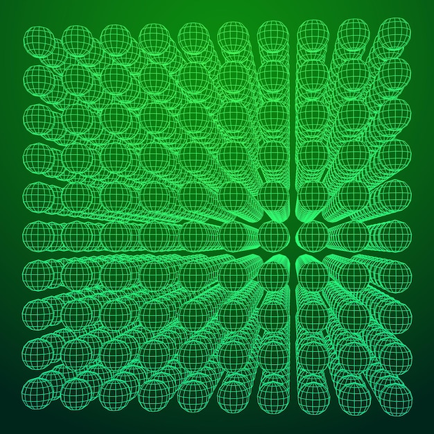 Vector wireframe mesh cube make with many small spheres connection structure digital data visualization