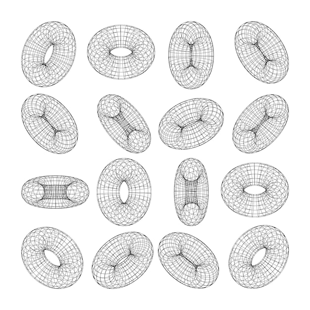 Vector wireframe shapes lined torus perspective mesh d grid low poly geometric elements retro futuristic