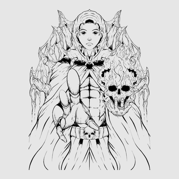 Vector witch holding fire skull