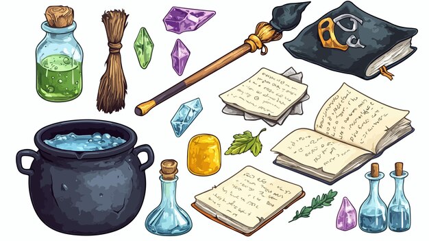 Vector witching magic items cauldron cooking potion magi