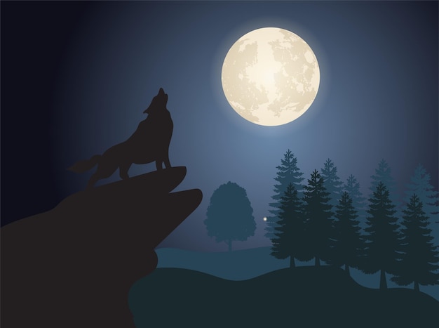 Vector wolf howling at full moon night design vector illustration