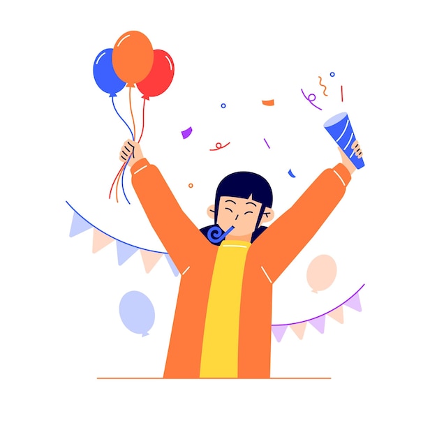 Vector woman cheerful celebrating with colorful salute full color