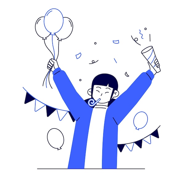 Vector woman cheerful celebrating with colorful salute two tone illustration