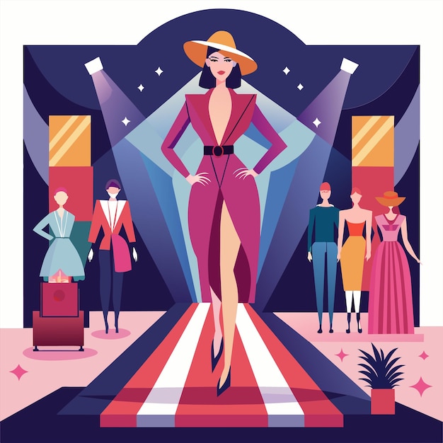 Vector a woman confidently walks down a fashion runway in a vibrant red dress and matching hat a sophisticated and stylish business woman in a sleek power suit