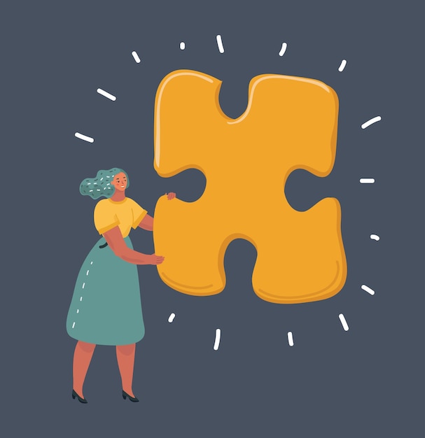 Vector woman hold big giant jigsaw puzzle with solution