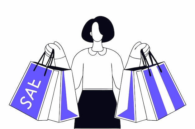 Vector woman holding a lot of shopping bag sale shopper concept illustration art on white background