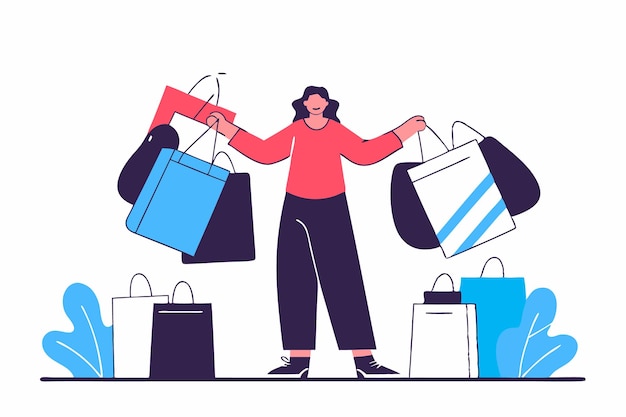 Vector woman holding a lot of shopping bag sale shopper concept illustration art on white background