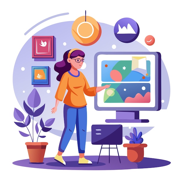 Vector woman interacting with digital screen in modern setting