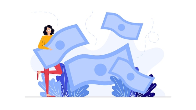 Vector a woman is talking about money and profit in invesment