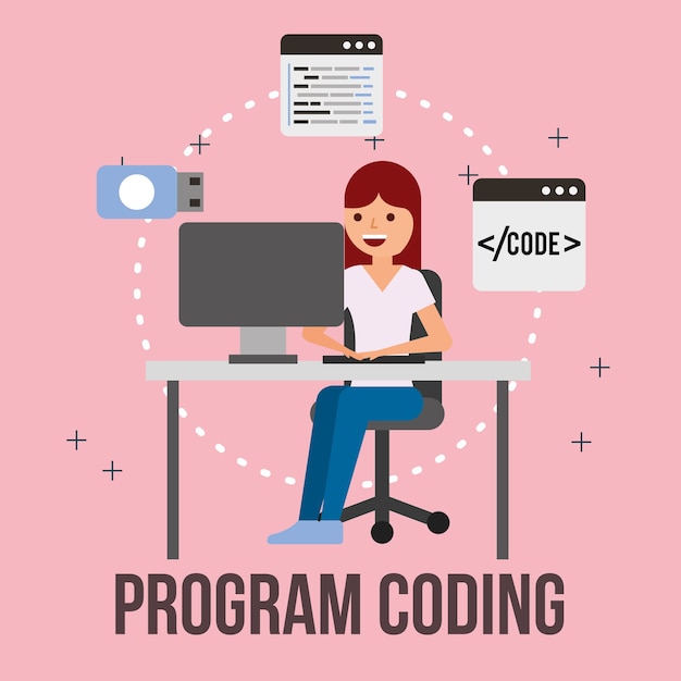 Vector woman programmer work process program coding 
