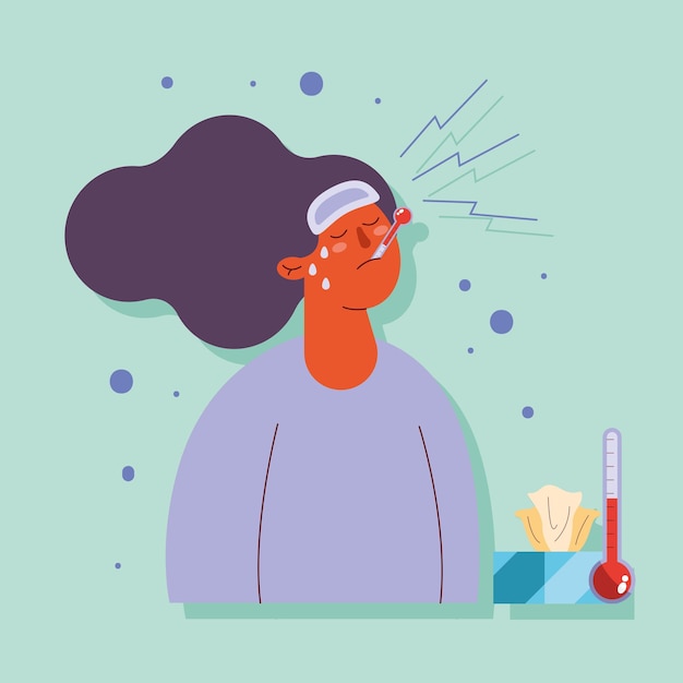 Vector woman sick with fever