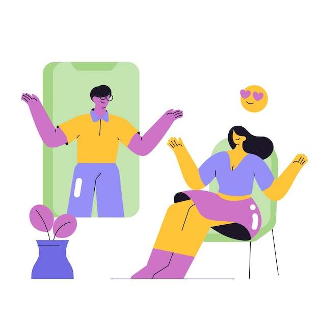 Vector a woman sits in a chair with a man in a yellow shirt and sunglasses.