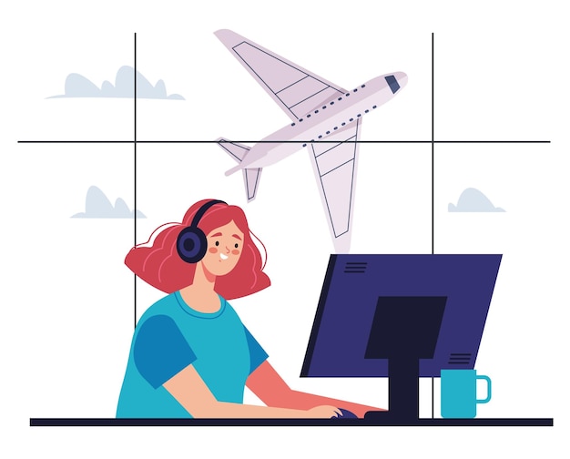 Vector a woman sits at a computer with a plane in the background