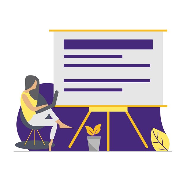 Vector a woman sits in front of a screen that says " a word " on it.